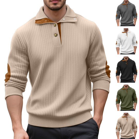 Herren nan Rippstrick-Halbknopf-Pullover mit Kentkragen und Lederbesatz EB