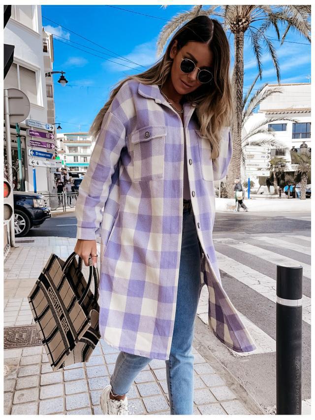 Damen Karierte Overshirtjacke mit Brusttaschen EB