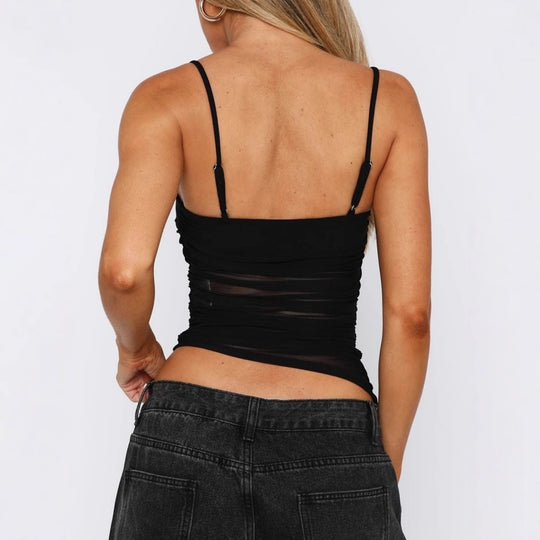 Damen leichtes Rüschenshirt mit Spaghettiträgern und transparenten Einsätzen EB