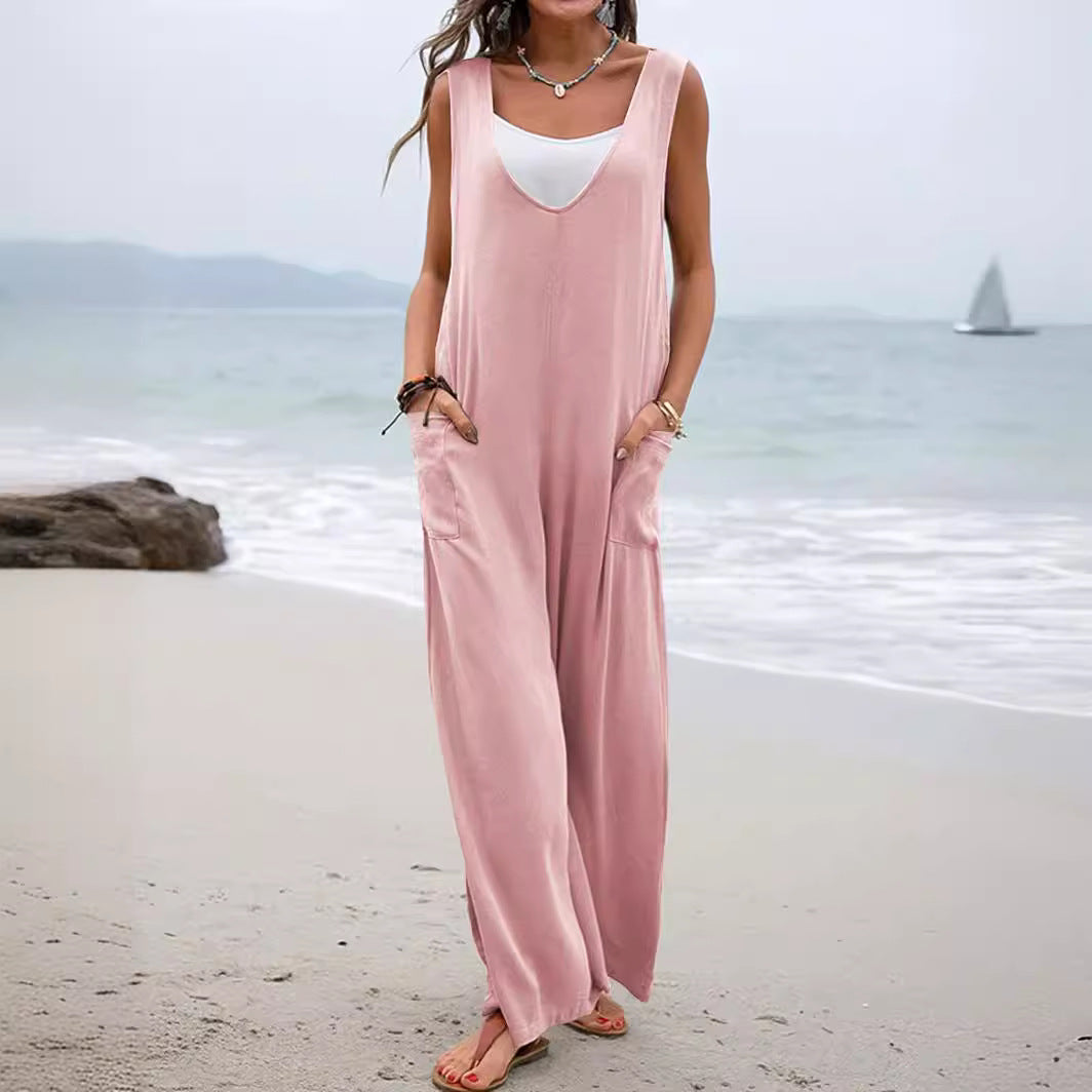 Damen Lässiger weite Jumpsuit mit V-Ausschnitt und praktischen Taschen EB