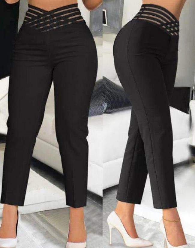 Damen stylische High-Waist Hosen mit transparentem Gitterbund EB