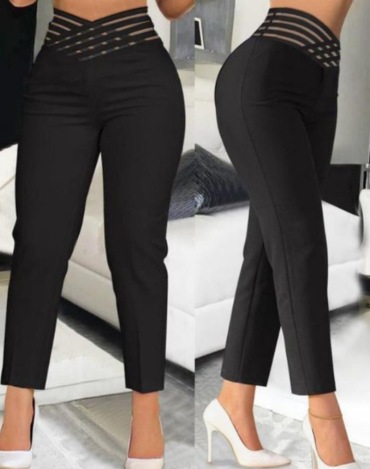 Damen stylische High-Waist Hosen mit transparentem Gitterbund EB
