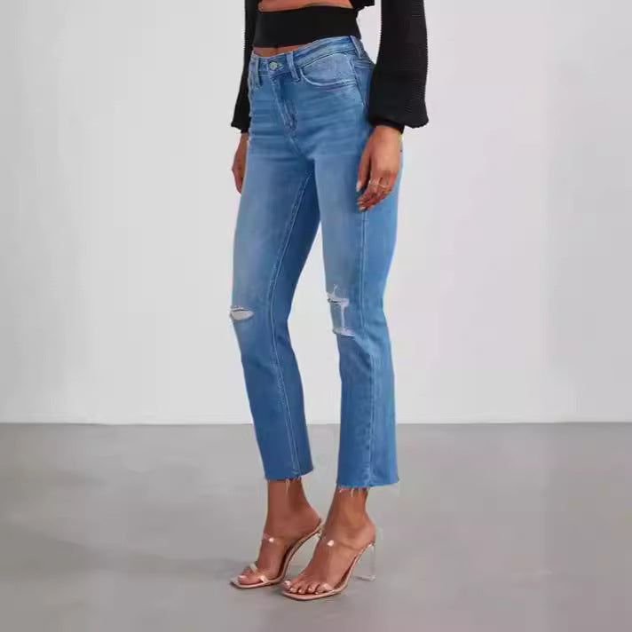 Damen modische High-Waist Jeans mit lässigem Destroyed-Look EB