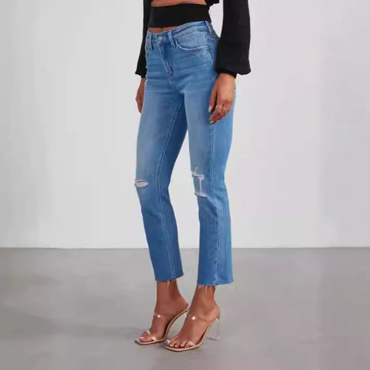 Damen modische High-Waist Jeans mit lässigem Destroyed-Look EB