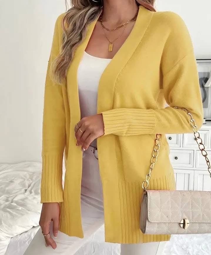 Damen Langer Strickcardigan mit feinen Rippdetails und lässigem Schnitt EB
