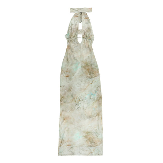 Damen elegantes Maxikleid mit kreativem Schlitz und schimmerndem Wasserfallausschnitt EB