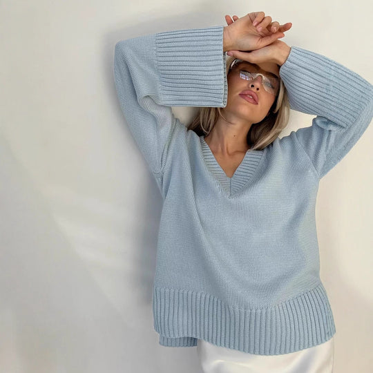 Damen nan oversized Feinstrickpullover mit tiefem V-Ausschnitt, gerippten Bündchen und lockerer Silhouette EB