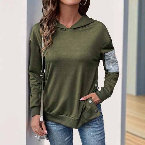 Damen lässiger Kapuzenpullover mit praktischen Reißverschlusstaschen und asymmetrischem Saum EB