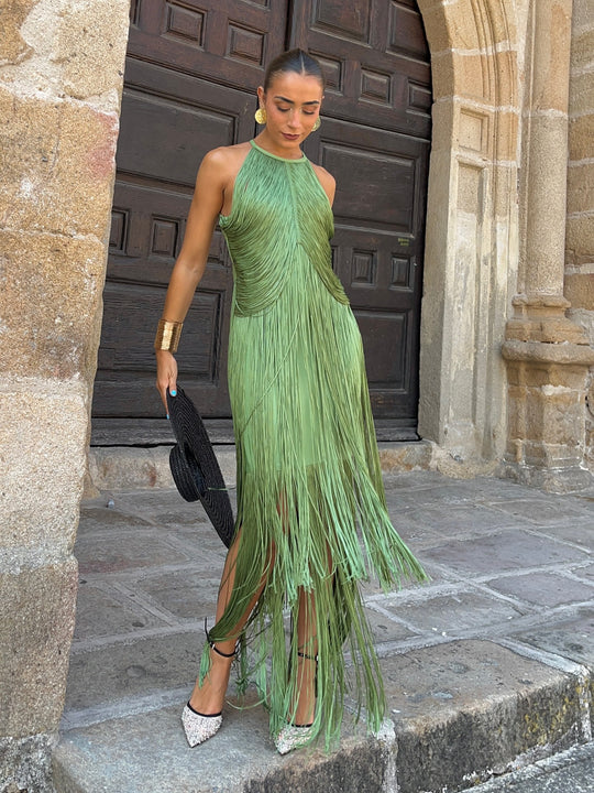 Damen Fransen Maxikleid mit elegantem Schnitt und fließendem Design EB