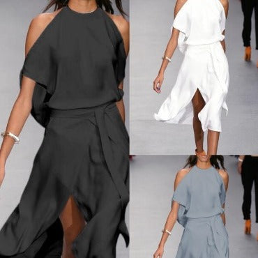 Damen Elegantes und fließendes Maxikleid mit tiefem Ausschnitt und Taillierung EB