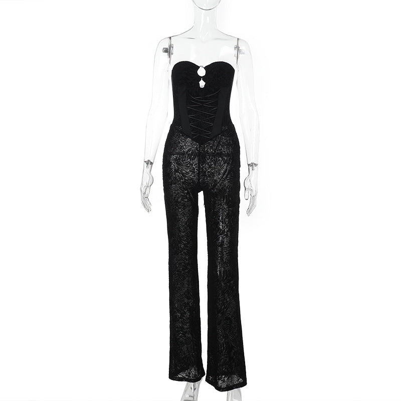 Damen eleganter Jumpsuit mit strukturierter Spitze und verführerischem Ausschnitt EB