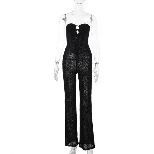 Damen eleganter Jumpsuit mit strukturierter Spitze und verführerischem Ausschnitt EB
