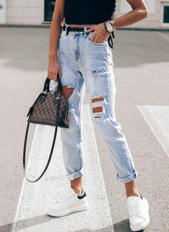 Damen Ripped Boyfriend Jeans im lässigen Vintage-Stil mit hohem Bund EB