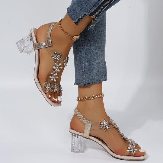 Damen modische Sandalen mit transparentem Riemen und Blumenapplikationen EB
