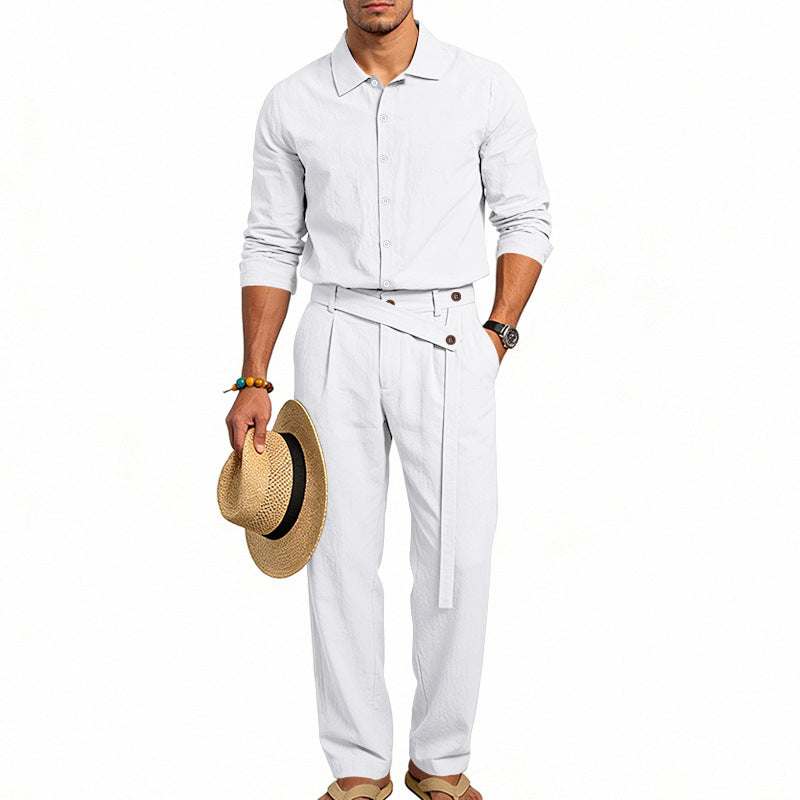 Herren nan eleganter Leinen-Zweiteiler mit Hemd und Hose mit hohem Bund und Bindegürtel EB