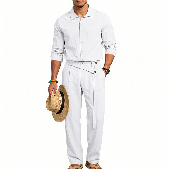 Herren nan eleganter Leinen-Zweiteiler mit Hemd und Hose mit hohem Bund und Bindegürtel EB