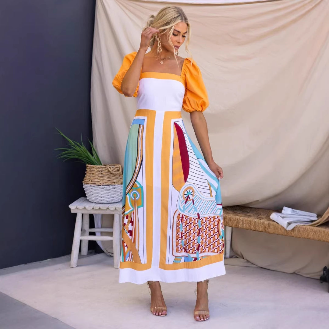 Damen Maxikleid mit kreativem Kunstdruck und Puffärmeln EB