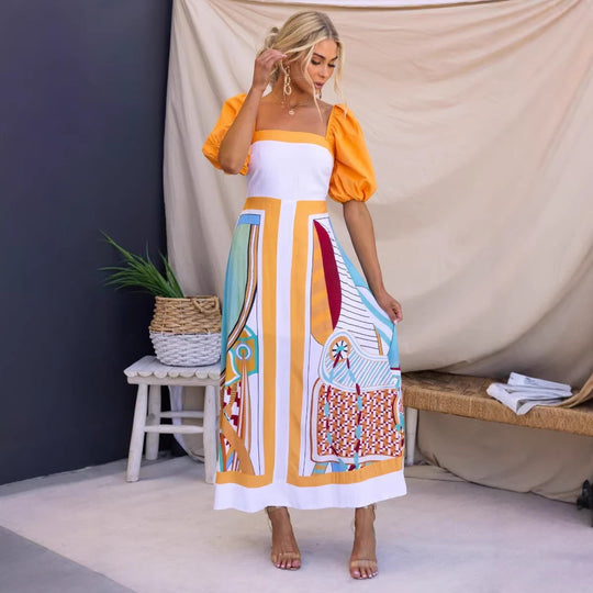 Damen Maxikleid mit kreativem Kunstdruck und Puffärmeln EB