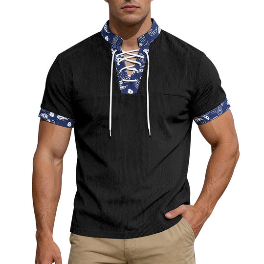Herren nan Kurzarm-Schnürshirt mit Bandana-Besatz und strukturierter Jerseyqualität EB