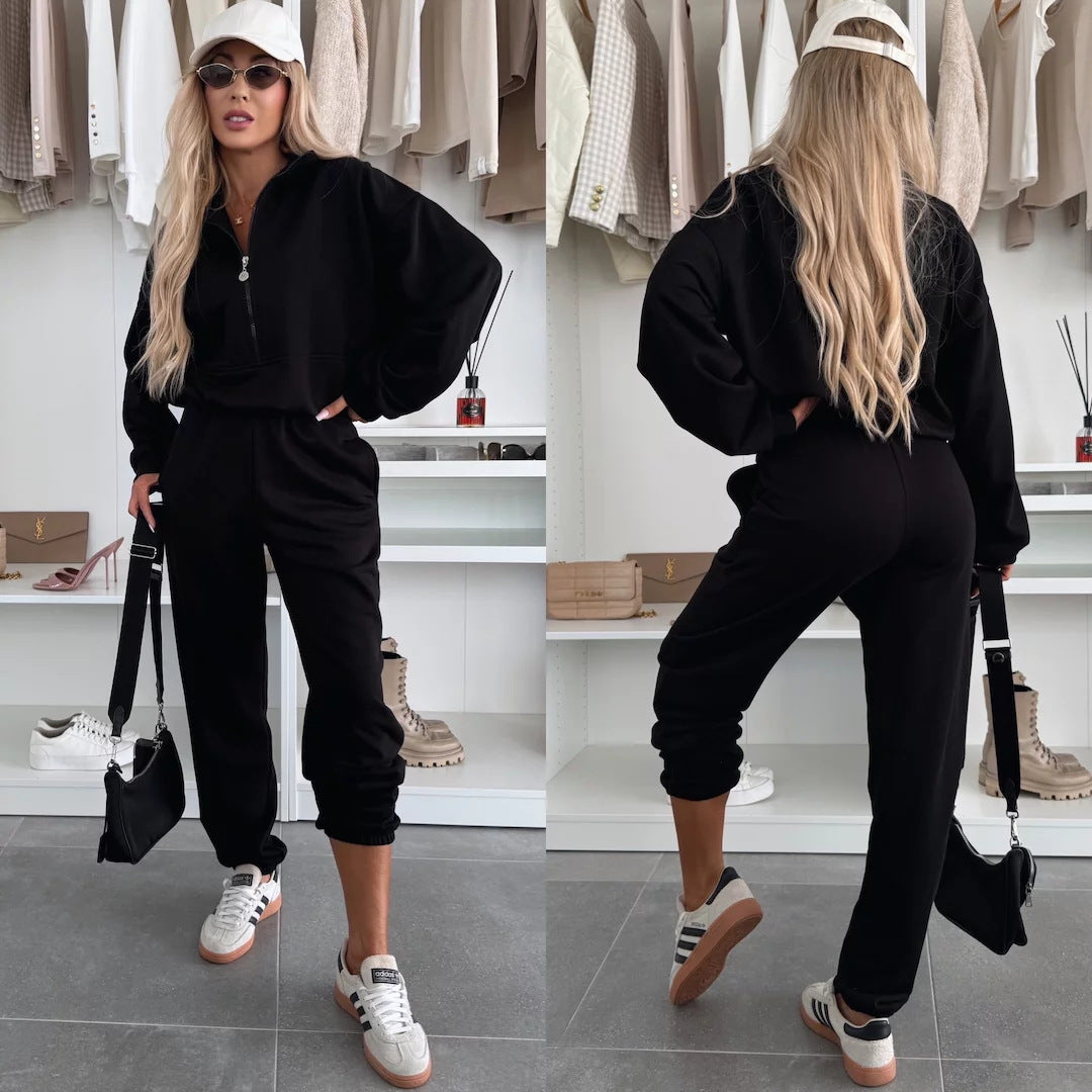 Damen Kuscheliges Freizeit-Set mit Kurzreißverschluss, hohem Kragen und Joggerhose EB