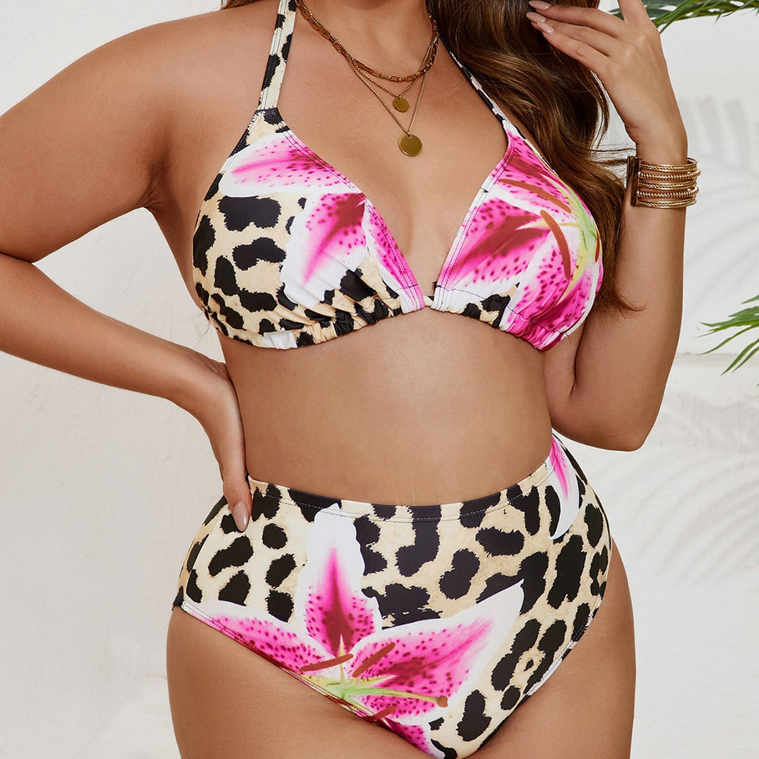 Damen Hochgeschnittener Bikini mit Blumen- und Tierdruck EB