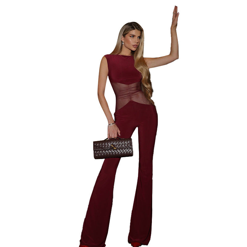 Damen Eleganter Jumpsuit mit transparenten Einsätzen und weitem Bein EB