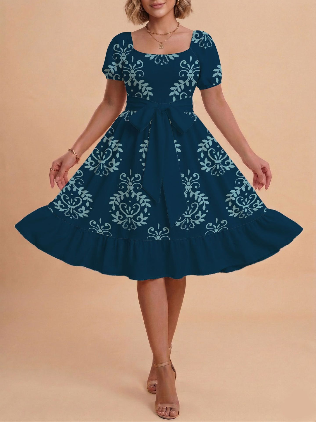 Damen Retro Maxikleid mit Puffärmeln und Taillengürtel EB