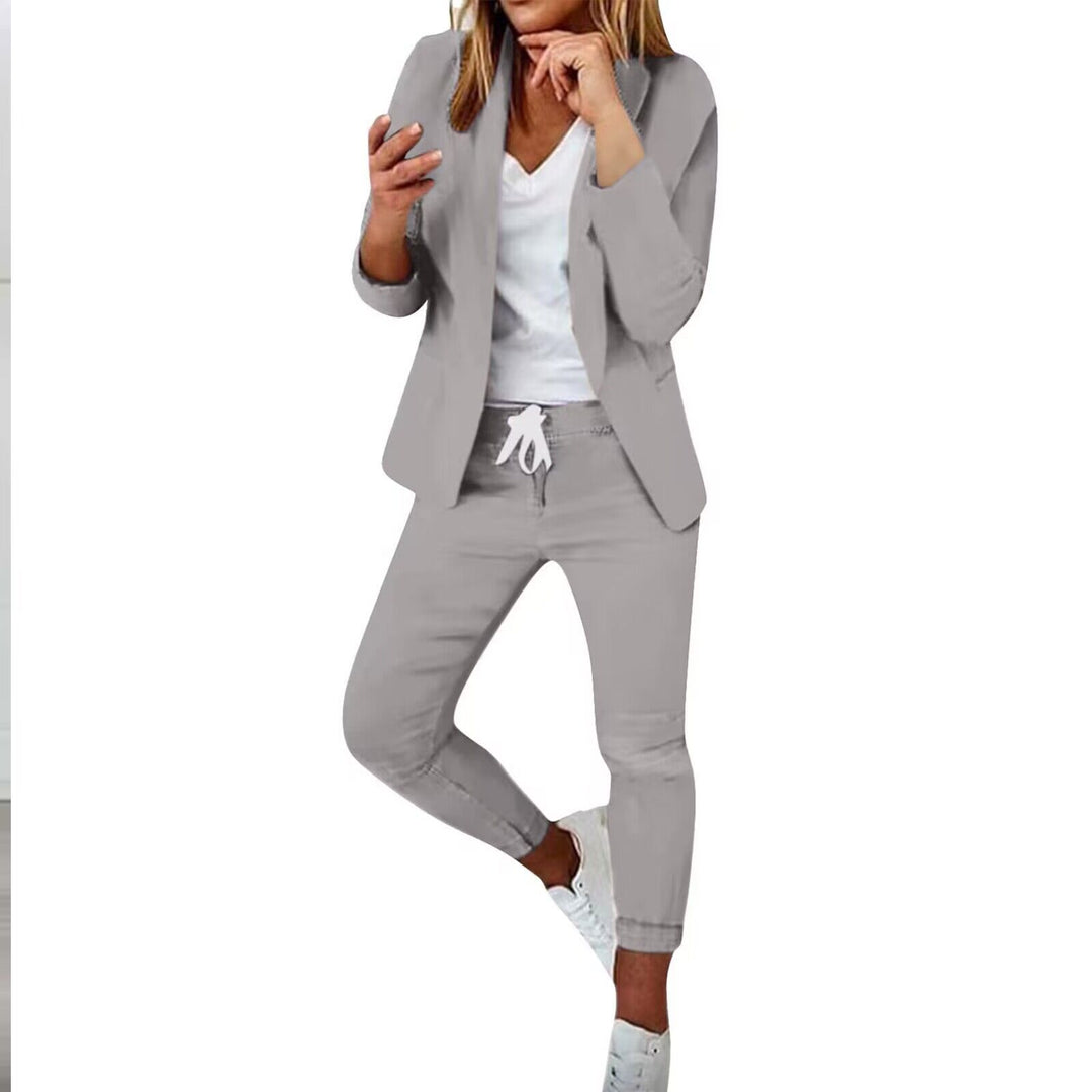 Damen nan lässiges Hosenanzug-Set mit Joggerhose, Kordelzug und tailliertem Blazer EB