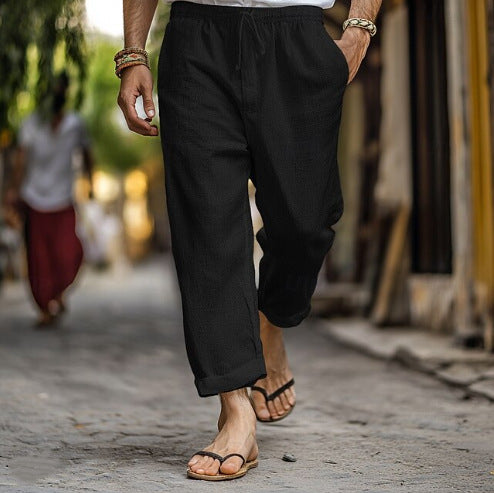 Herren nan lässige Leinen-Joggerhose mit elastischem Tunnelzugbund, seitlichen Eingrifftaschen und aufrollbarem Saum EB