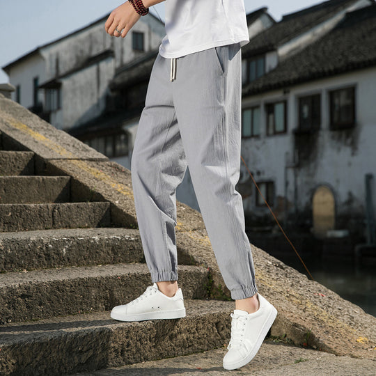 Herren nan tapered Leinen-Baumwoll-Jogger mit Kordelzug, elastischem Knöchelbündchen und schlanker Silhouette EB