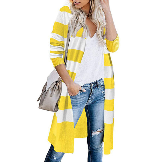 Damen Langer Strickcardigan mit gestreiftem Design EB
