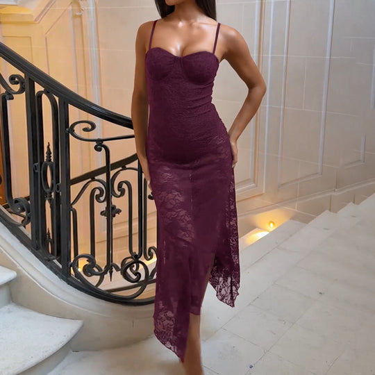 Damen Spitzen-Maxikleid mit aufregendem asymmetrischen Saum EB