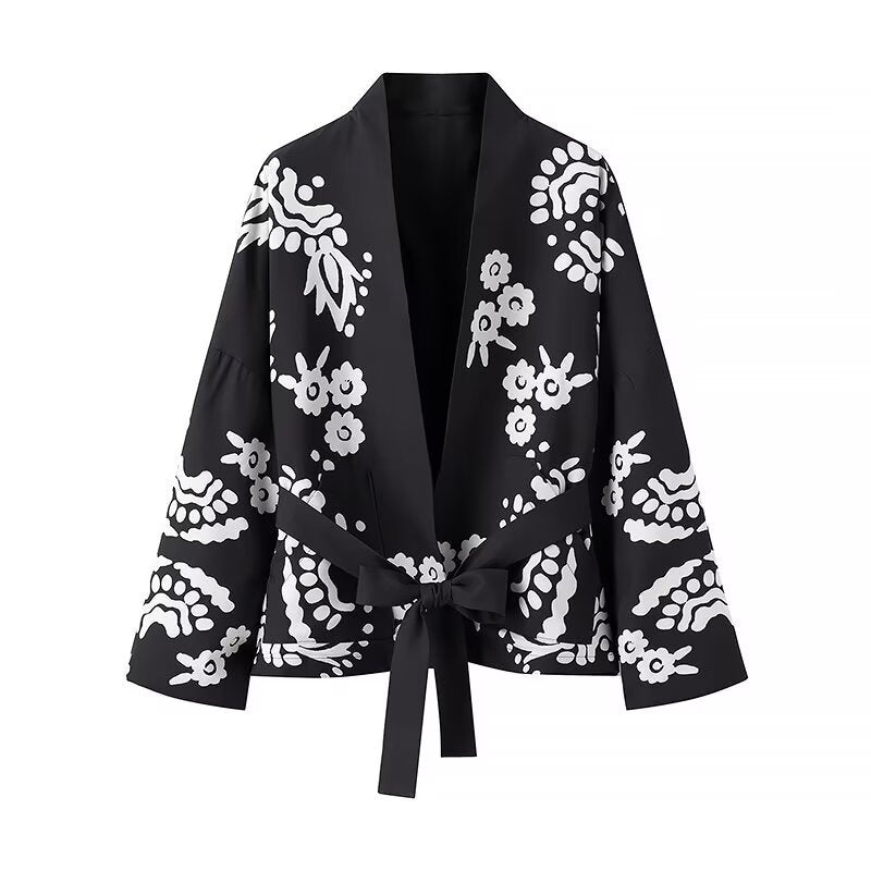 Damen Trendige Kimono-Jacke mit floralen Mustern und Taillengürtel EB