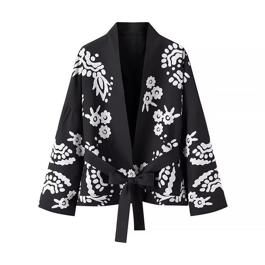 Damen Trendige Kimono-Jacke mit floralen Mustern und Taillengürtel EB