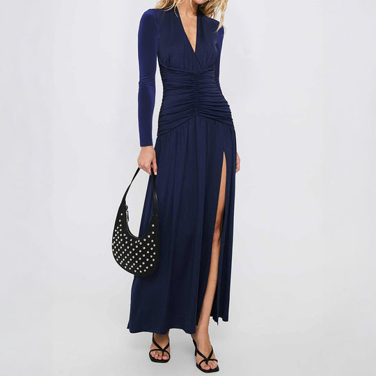 Damen nan elegantes Abendkleid mit gerafftem Wickeloberteil, hohem Beinschlitz und Samtärmeln EB