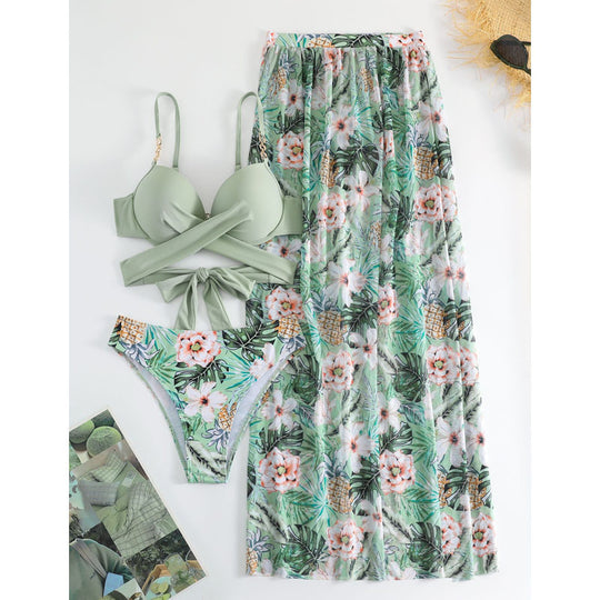 Damen Bikini-Set mit floralem Wickelrock und modischem Oberteil EB