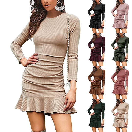 Damen elegantes Figurbetontes Kleid mit modischem Rüschensaum EB