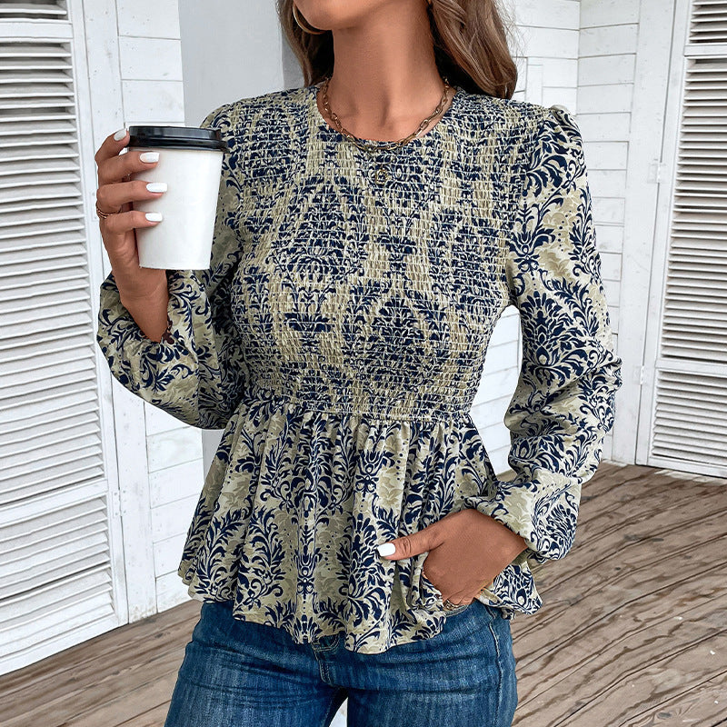 Damen Elegante Bluse mit raffiniertem Floral-Design und Puffärmeln EB