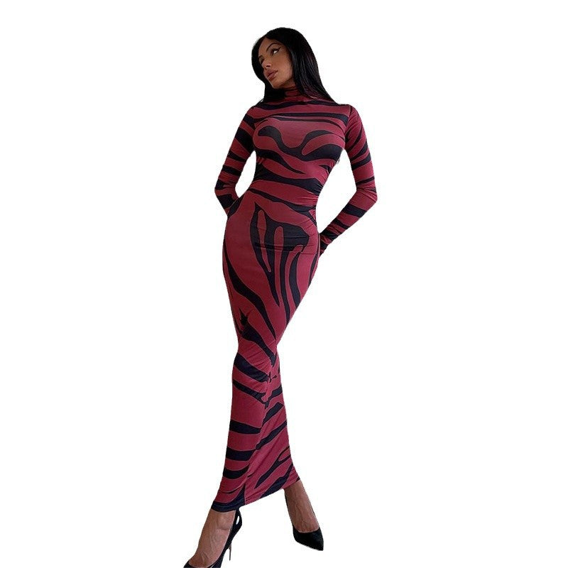 Damen Elegantes transparentes Maxikleid mit Leopardenmotiv und langem Arm EB