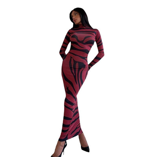 Damen Elegantes transparentes Maxikleid mit Leopardenmotiv und langem Arm EB