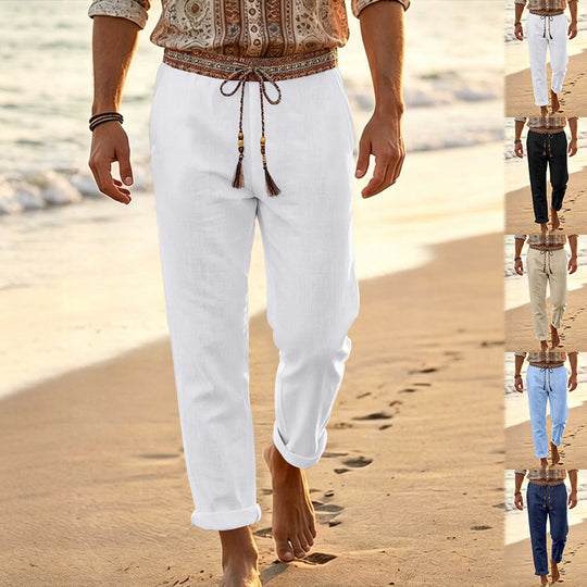 Herren nan maritime Leinen-Loungehose mit dekorativem Ethno-Bund, elastischem Tunnelzug und geradem Bein EB