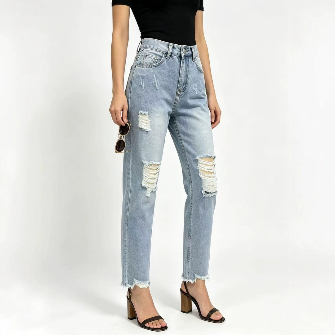Damen nan hochgeschnittene Straight Leg Jeans mit gezielten Rissdetails und rohem Knöchelabschluss EB