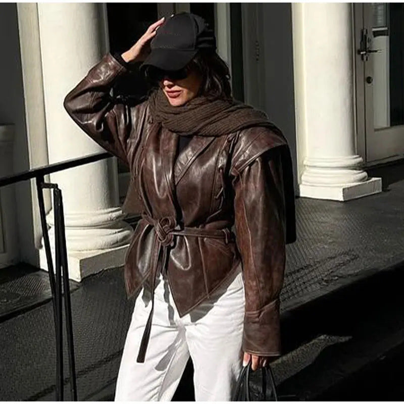 Damen modische Wildlederjacke mit tailliertem Schnitt und Bindegürtel EB