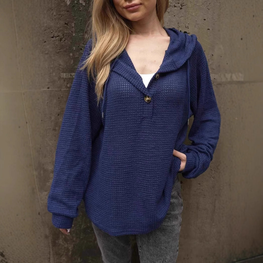 Damen lässiger Kapuzenpullover mit strukturiertem Design und Knopfdetails EB