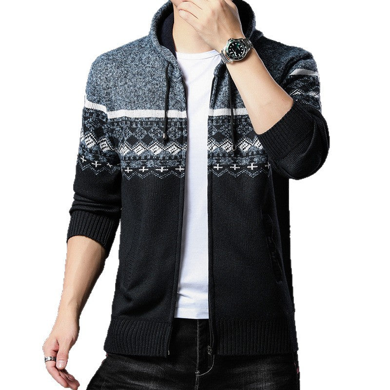 Herren gemusterte Strickjacke mit Kapuze und komfortablem Schnitt EB