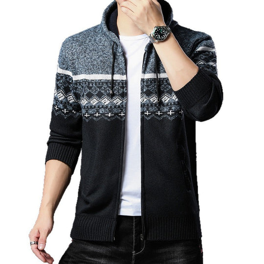 Herren gemusterte Strickjacke mit Kapuze und komfortablem Schnitt EB
