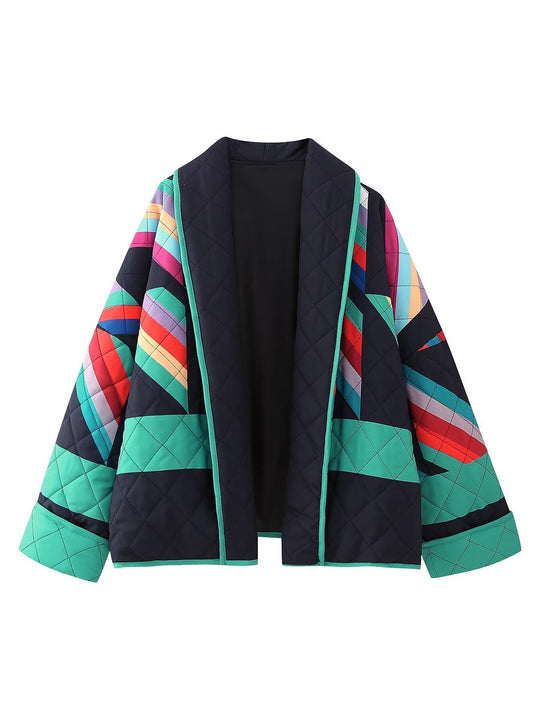 Damen gestreifte Steppjacke mit weitem Schnitt und stylischem Farbspiel EB