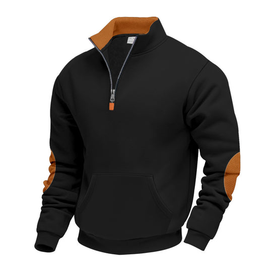 Herren nan isolierter Halbzip-Pullover mit Stehkragen Fleece-Innenfutter Kängurutasche und Wildleder-Ellenbogenpatches EB