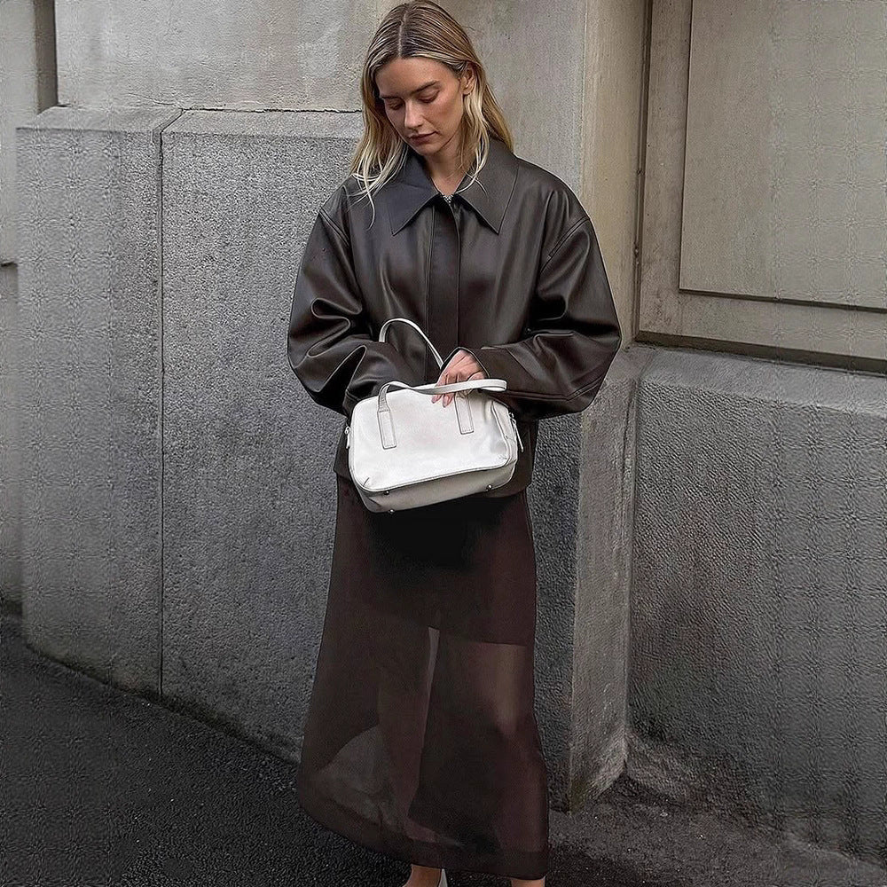 Damen modische Kunstlederjacke mit oversized Design EB