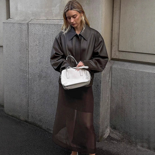 Damen modische Kunstlederjacke mit oversized Design EB
